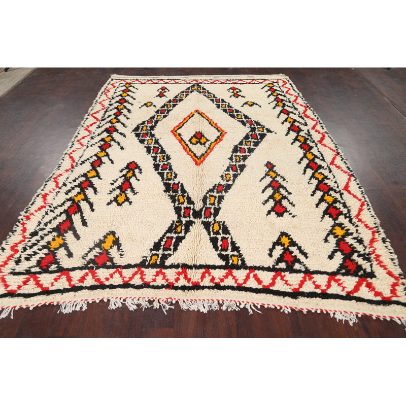 Tapis décoratif en laine de conception unique noué à la main New Age de 6 pi 5 po x 8 pi 4 po Ivoire/rouge