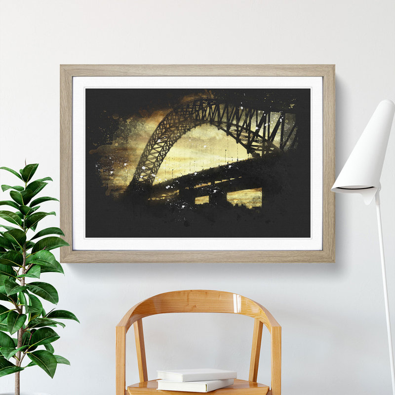 Silver Jubilee Bridge in Manchester Paint Splash - Picture Frame Graphic Art, 48cm H x 65cm W x 2cm D, Oak