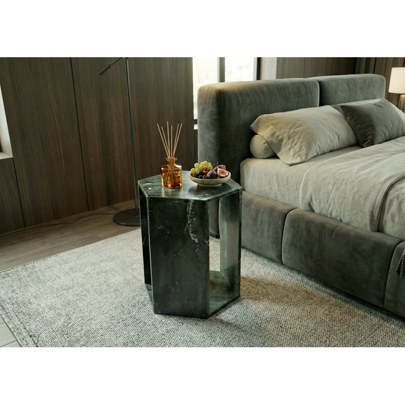 Table d'appoint luxueuse en marbre naturel vert luxueux, table de bout hexagonale de 16 cm avec finition polie, socle en pierre vert diamant et table de chevet moderne pour le salon (40 cm x 32 cm)