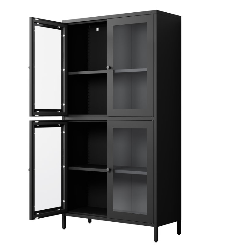 Classeur polyvalent en acier avec tablettes réglables pour l'espace de travail avec 4 tablettes en verre trempé - noir