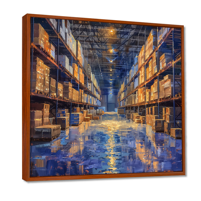 «Blue Warehouse», reproduction d'art mural bleu, H 16 po x l 16 po, Cadre flottant brun, bois massif