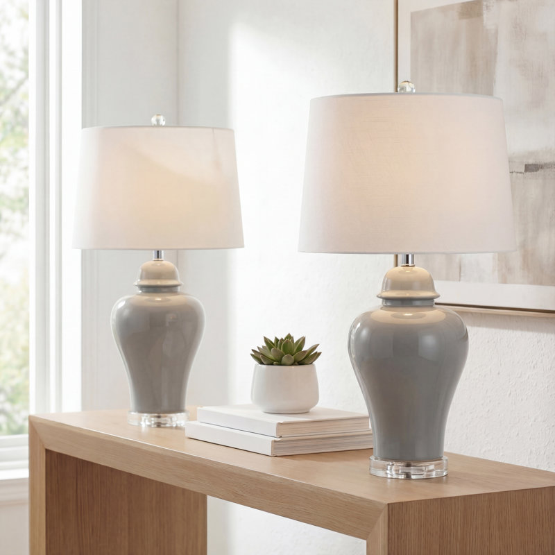 Lampe de table DEL en céramique 27 po Cacho, Gris