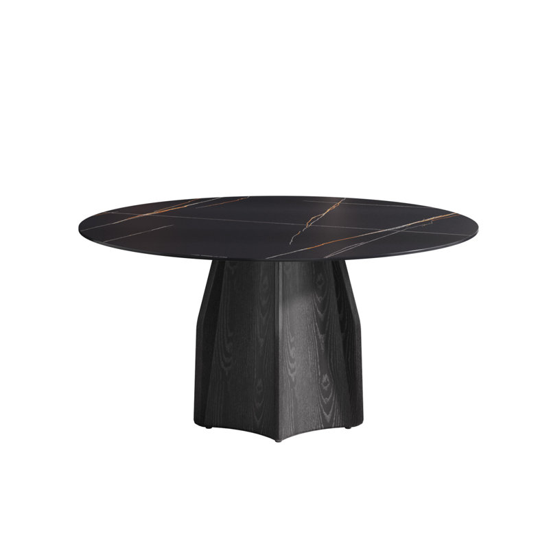 Table de salle à manger en marbre 59,05 po avec base en bois massif texturé noir, marbre artificiel pour 6 à 8 personnes, table de salle à manger / salon (table de salle à manger seulement)