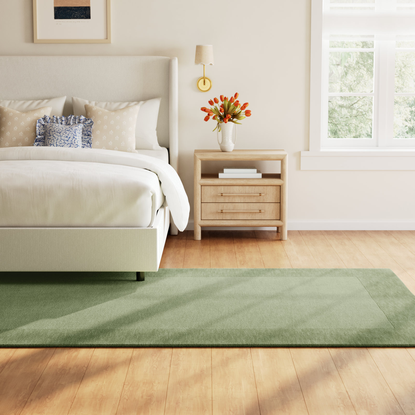 Dolma Medium Green Hand-Loomed Wool Rug, Rectangle 6' x 9'
