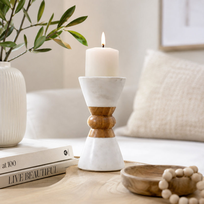 Porte-bougie fabriqué à la main en marbre naturel et bois d'acacia 