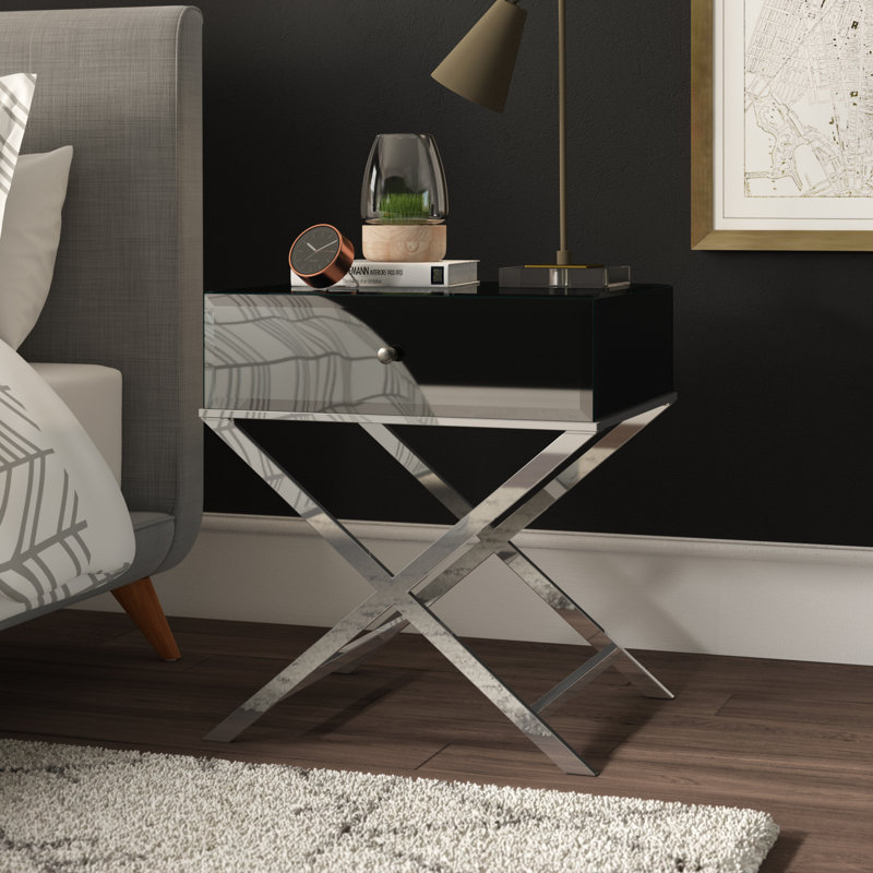 Nyasha Mirrored Glass Top End Table with Storage, Black Nickle