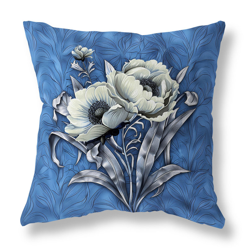 Coussin décoratif intérieur / extérieur Peony, Bleu / Crème, H 26 po x l 26 po