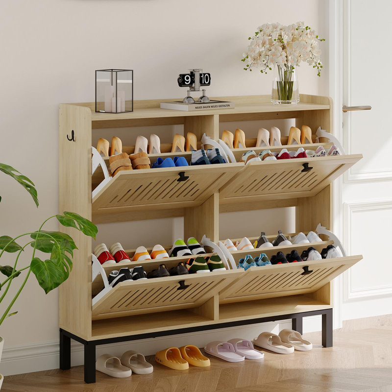 Shoe Storage Cabinet with 4 Flip Drawer, Shoes Organizer with Hollow Out Panel, Yellow