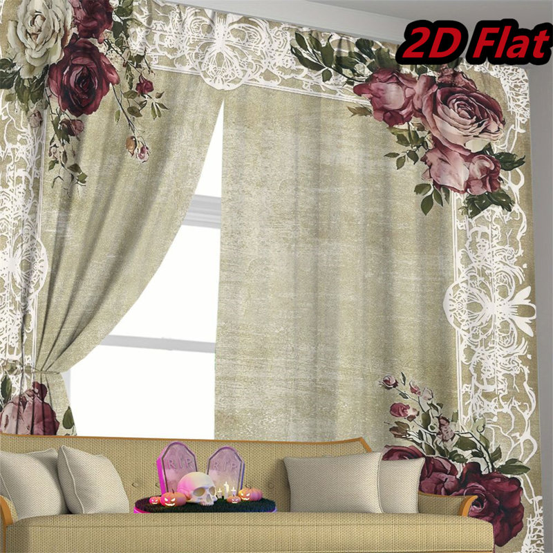 2Pcs Vintage Rose Floral Window Curtains Elegant Victorian Style Panels With Lace Border Home Decor Drapes For Bedroom Living Room Kitchen Dining Rod Pocket Design Burgundy Flower Pattern Office Partition