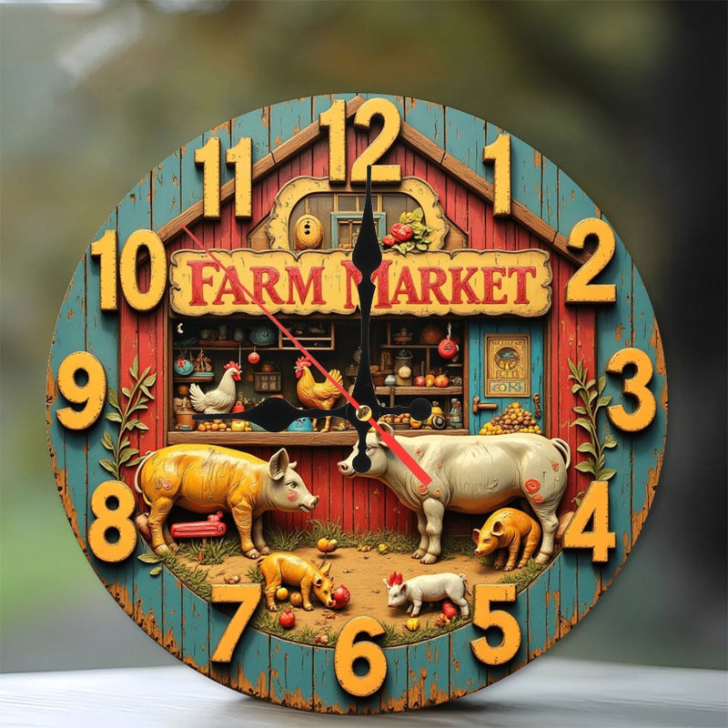 scène de marché fermiers horloge cochons poulets