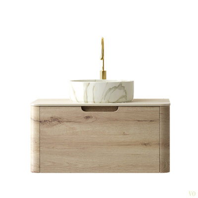 Meuble-lavabo de 30 po avec lavabo, armoire de rangement flottante en contreplaqué avec tiroir, lavabo en céramique à motif de pierre et plateau en pierre de Svert à motif de travertin, pré-assemblé