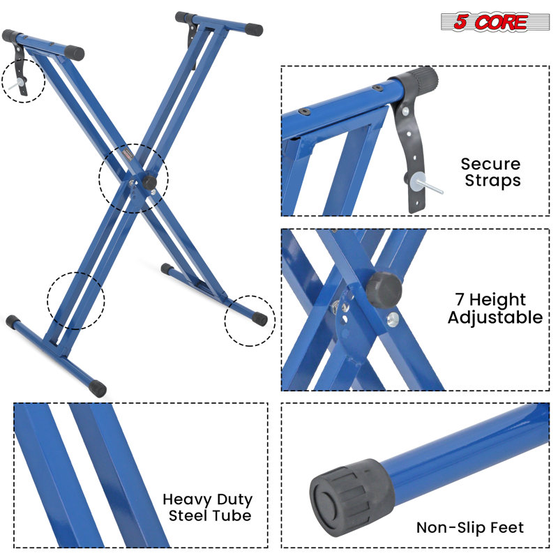 Support pour clavier 5 leviers à double noyau de style X pour 49 à 88 touches - Bleu