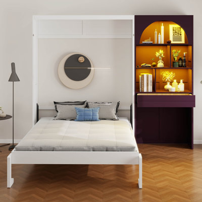Murphy Bed with Arched Cabinet, Built-in LED, Foldable Wall Bed with a Drawer, Multiple Open Display Compartments