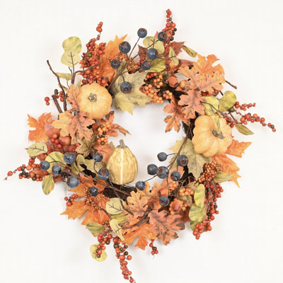 24" Artificial Farmhouse Autumn Maple Leaves Berries Pumpkins Gourds Fall Harvest Front Door Wreath Thanksgiving Day Halloween Porch Decor