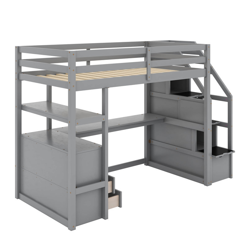 Loft Bed With Desk And Shelves, Gray, Twin