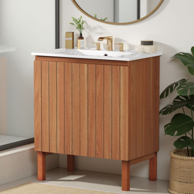 Meuble-lavabo autoportant de 30 po avec lavabo en céramique et portes à fermeture en douceur à rayures verticales