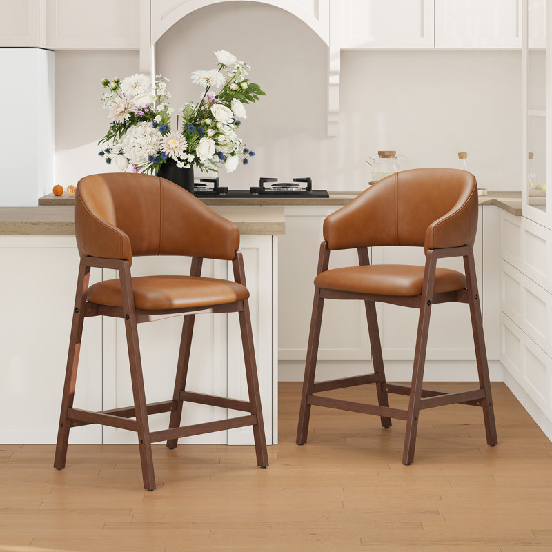 Tabouret de bar rembourré en bois massif, 2, Brun
