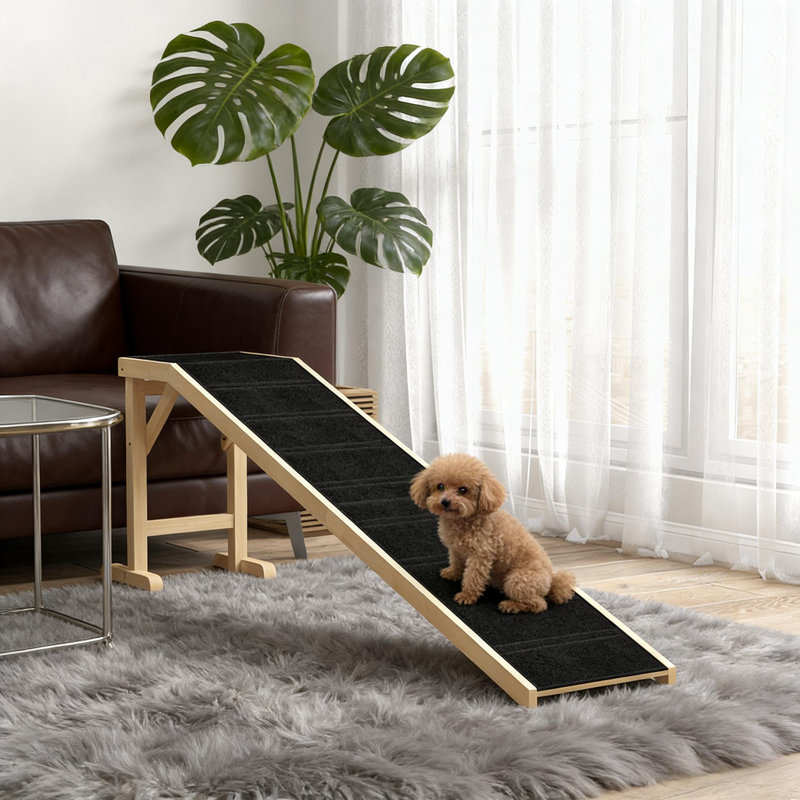 Rampe en bois extra-longue pour animaux de compagnie avec plate-forme de repos, surface recouverte de tapis antidÃ©rapant pour grands chiens, convient aux animaux Ã¢gÃ©s pesant jusqu'Ã  35 kg, finition naturelle