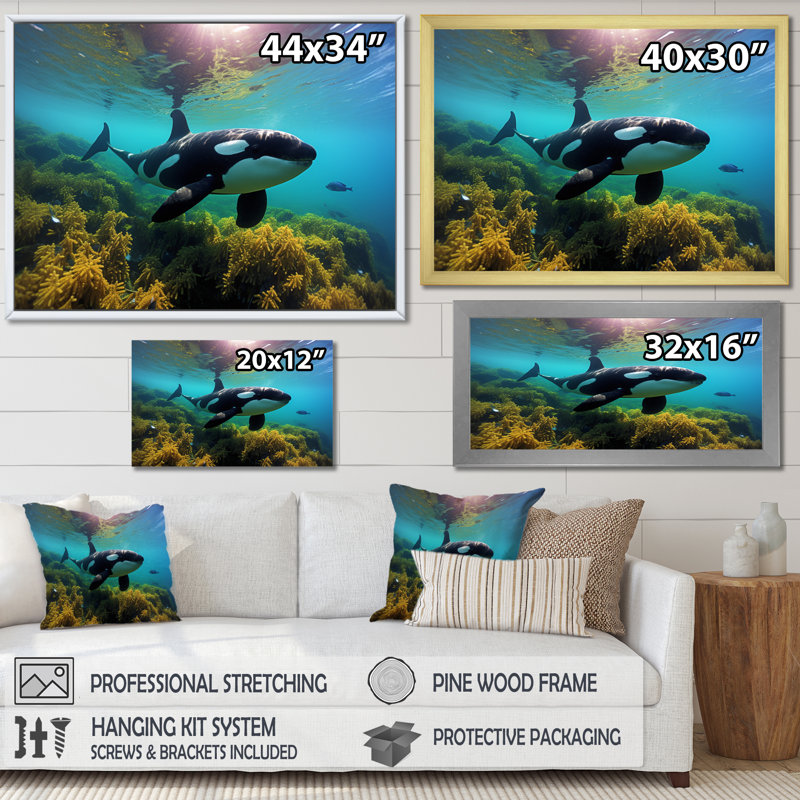 Orcas majestueux sarcelle et animaux marins noirs sur toile, H 30 po x l 40 po x P 1,5 po, Cadre flottant noir