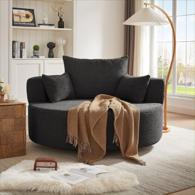 Living Room & Bedroom Seating: Black-toned Chenille 360° Swivel Barrel Accent Chair Modern Round Style