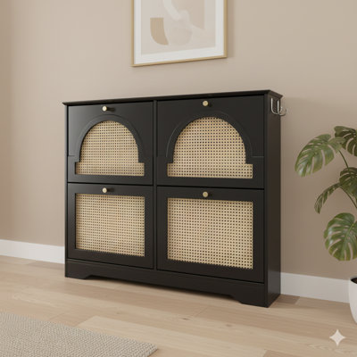 Mid-Century Inspired Narrow Shoe Cabinet With Four Flip-Up Doors, Elegant Entryway Organizer With Four Rattan Front Panels, Freestanding Unit With Two Silver Hooks For Hallways, Black, Width: 42.1 Inches