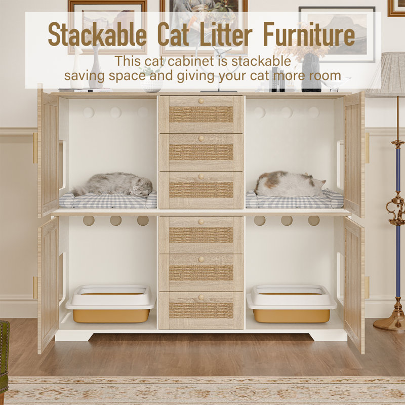 Natural Wood Cat Litter Box Enclosure with Scratching Pad and Drawers
