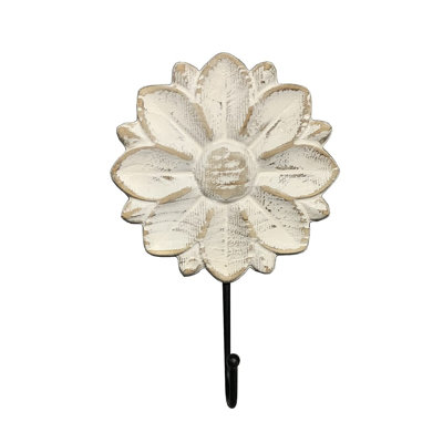 Decorative Boho Flower Towel Hooks, White Distressed Wood Hanging Hooks, Farmhouse Boho Coat Rack Hooks