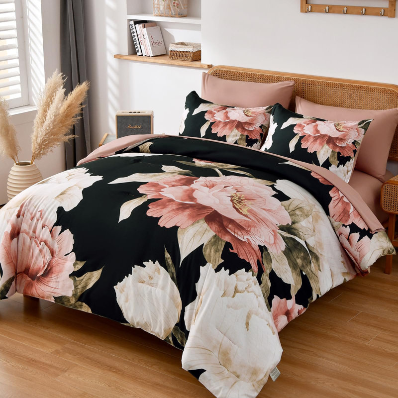 7-Piece Large-Scale Floral Comforter Set Vintage Botanical Print Duvet Cover Set Bed in a bag, Pink Black
