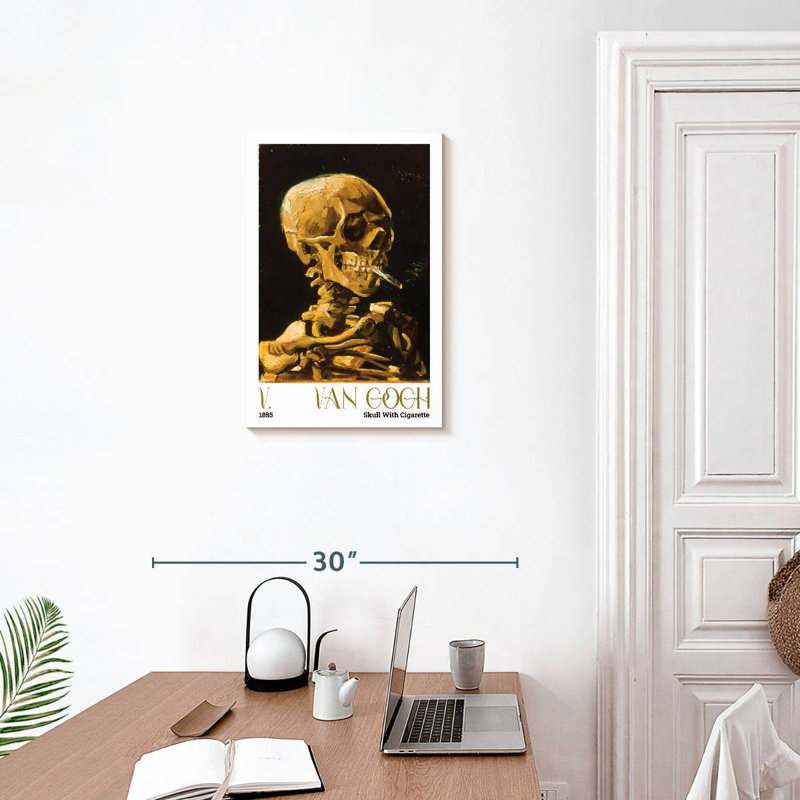 Crâne avec une affiche d'exposition Van Gogh, H 24 po x l 16 po