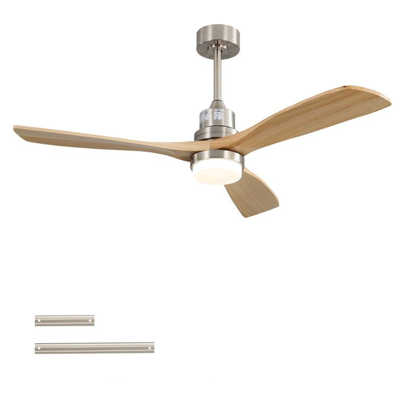 Ventilateur de plafond intelligent 52 pouces avec finition nickel sable et 3 pales en bois naturel à DEL à DEL 18 W à intensité variable et télécommande