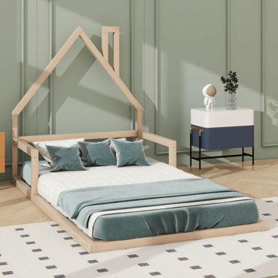 Rustic Wood Floor Bed With A House-Shaped Headboard Structure