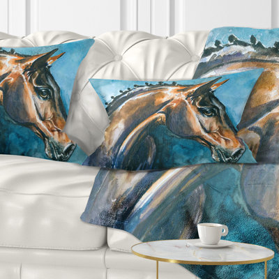 Cheval brun sur aquarelle bleue - coussin imprimé animal