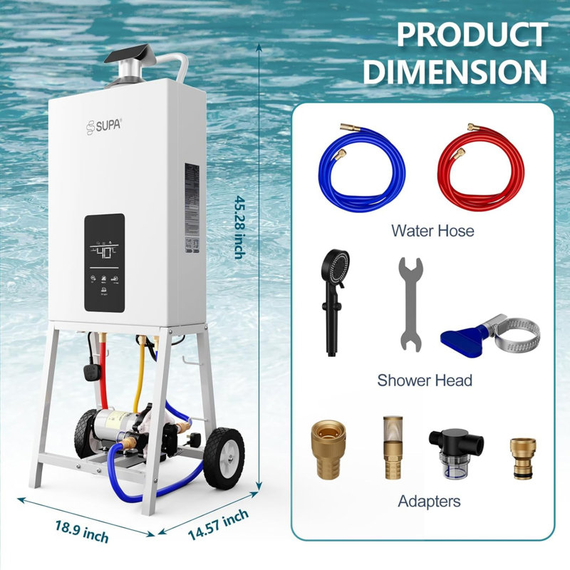 105,000 Btu Propane Pool & Spa Heater, Fast Heating For Above Ground Pools & Hot Tubs, Portable With Digital Thermostat & Wheels