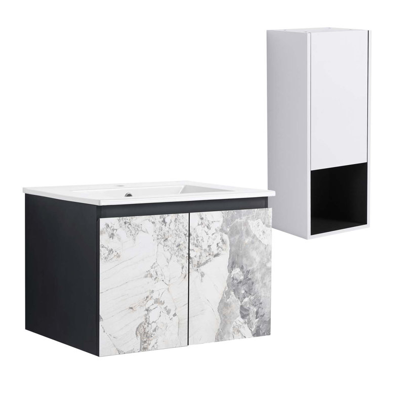 Meuble-lavabo mural avec lavabo en céramique et armoire latérale et portes à fermeture douce, armoire combinée, 24"