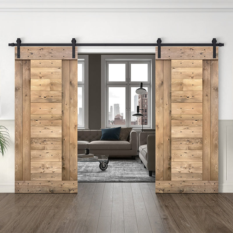 Panelled Wood Prefinished DIY Barn Door with Installation Hardware Kit, Light Brown, 72" x 84"