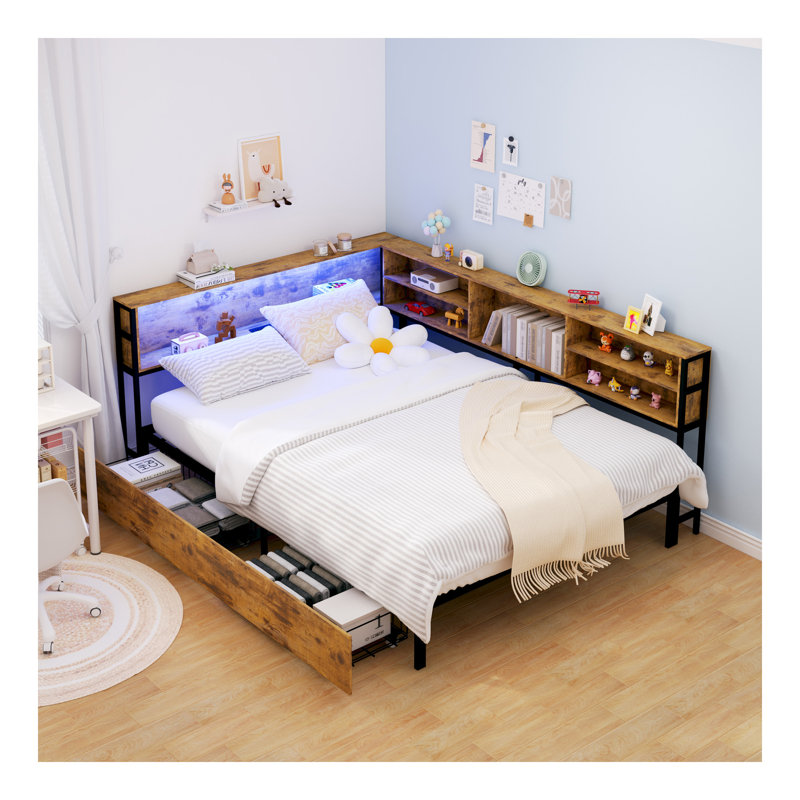 Structure de lit d'angle avec bibliothèque de rangement, lit de jour complet avec tiroirs de rangement en dessous, unité de lit pour enfants avec station de charge et lumière DEL