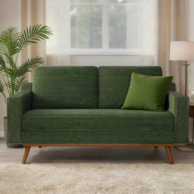 65.4" Loveseat Sofa - Beige Cotton Terry Cloth Upholstered Mid-Century Modern Love Seat For Living Room, Bedroom & Office - Frame, Spring Cushion Support, Tool-Free Assembly