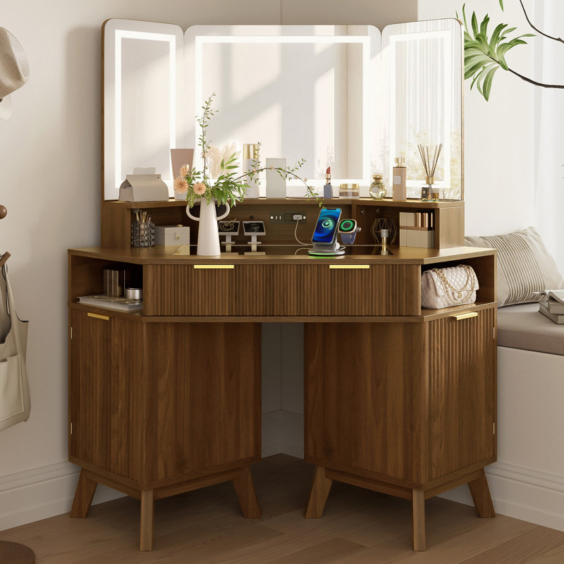Meuble-lavabo de coin 47 po avec miroir à DEL 3 côtés et station de charge intégrée, Noyer