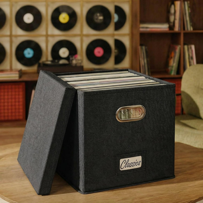 Boîte de rangement décorative pour plus de 50 disques vinyles - Support pour LP | Caisse robuste et facile à transporter avec couvercle - Le rangement idéal pour votre précieuse collection d'albums