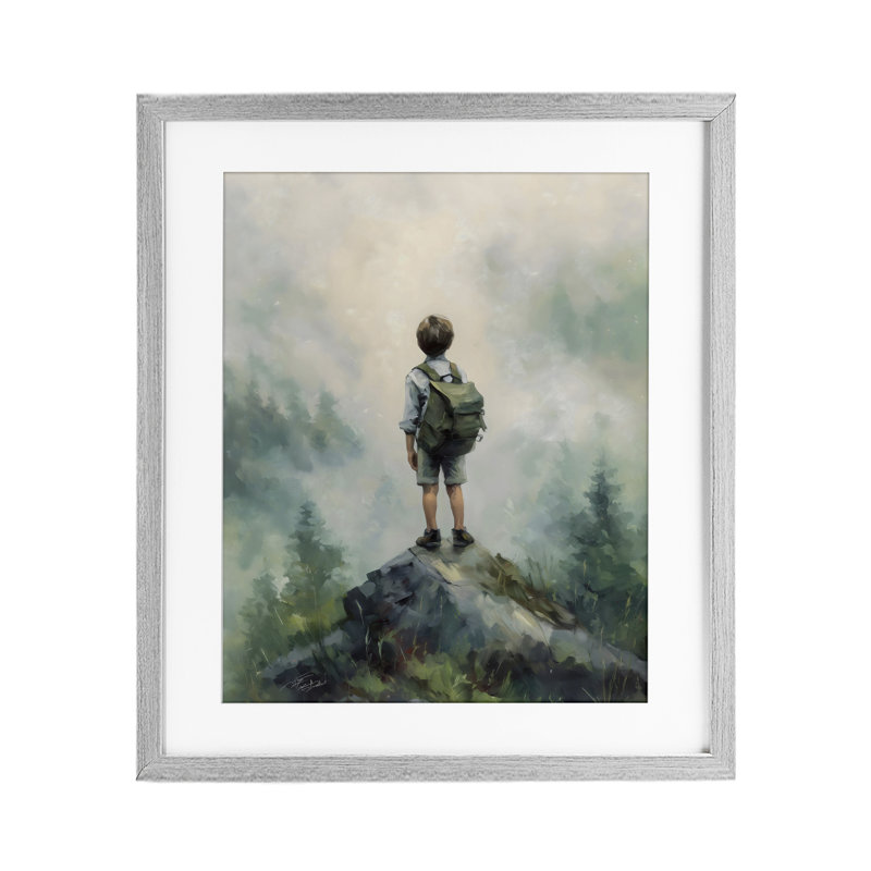 «Boy Adventurer Atop Mountain», reproduction d'art sous verre encadrée par Arlington Prints, H 16 po x l 13 po