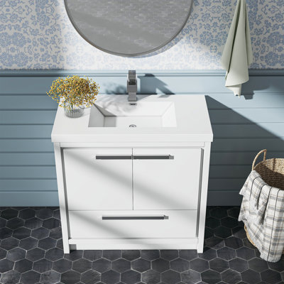 36 Inch Single Bathroom Vanity with Cultured Marble Top, Pre-Assembled Modern Bathroom Cabinet, White Finish, Includes Sink