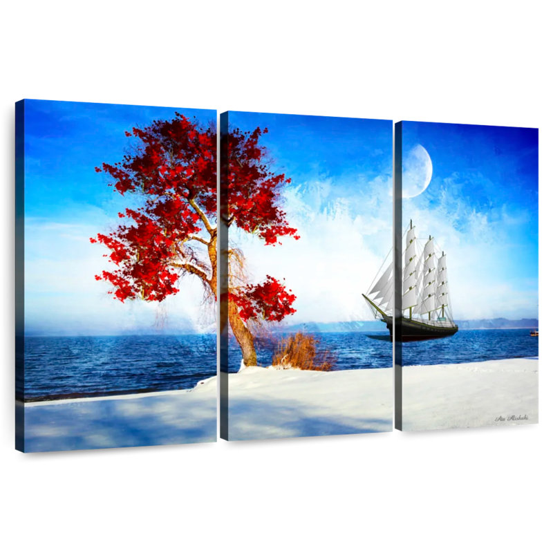 Mehar Red Tree And Ship, 42" H x 65" W