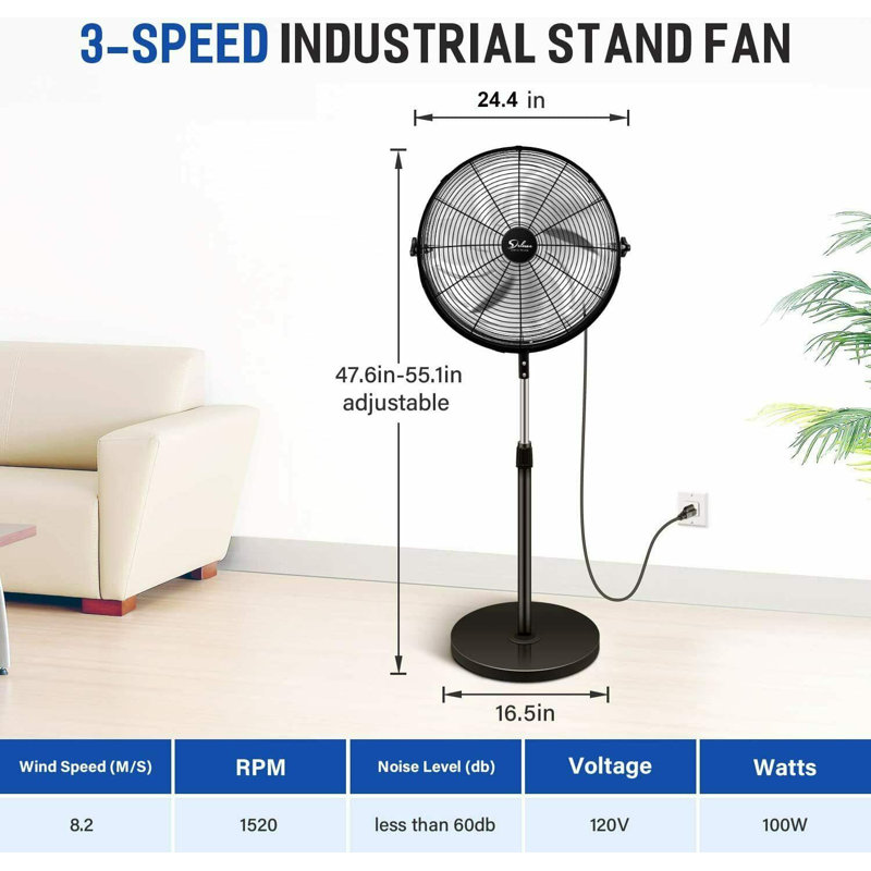 Ventilateur sur socle simple de luxe industriel, 18 pouces, H 55 po x l 24,4 po x P 16,5 po