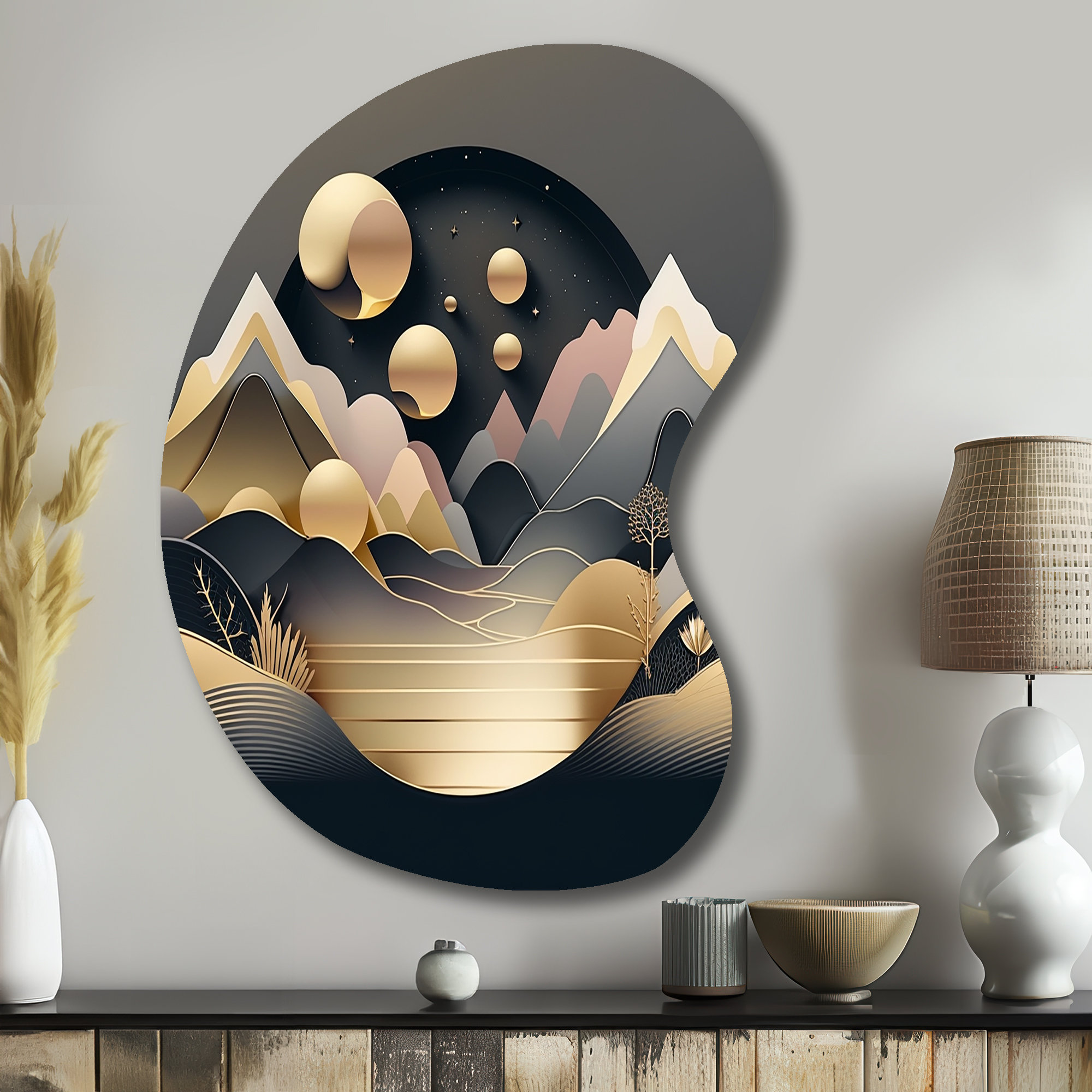 Design Art Dreamy Golden Mountain II Abstract Marble Boom Shape