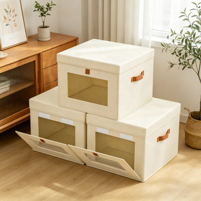Bacs de rangement avec couvercle, paquet de 3 - organisateur de placard avec ouverture latérale et fenêtre transparente, panier en tissu empilable pliable pour le rangement des vêtements, chambre à coucher, chambre de bébé, bureau, 13,7 po, beige