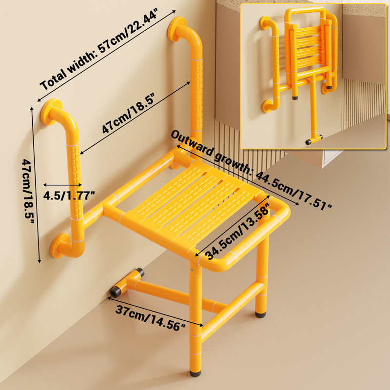 Wall Mounted Folding Shower Seat, 150 kg Load Capacity, Stainless Steel Fold-Up Shower Bench with Anti-Slip ABS Seat, Space-Saving Bathroom Seat, Yellow, 57 x 44.5 x 76 cm