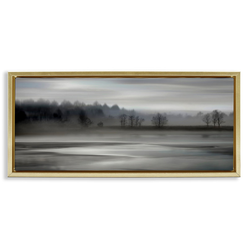 Gris, paysage naturel, H 11 po x l 25 po, Cadre flottant métallique doré
