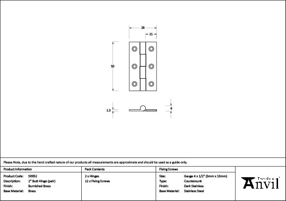 Butt Hinge, 5cm H x 2.8cm W, Burnished Brass