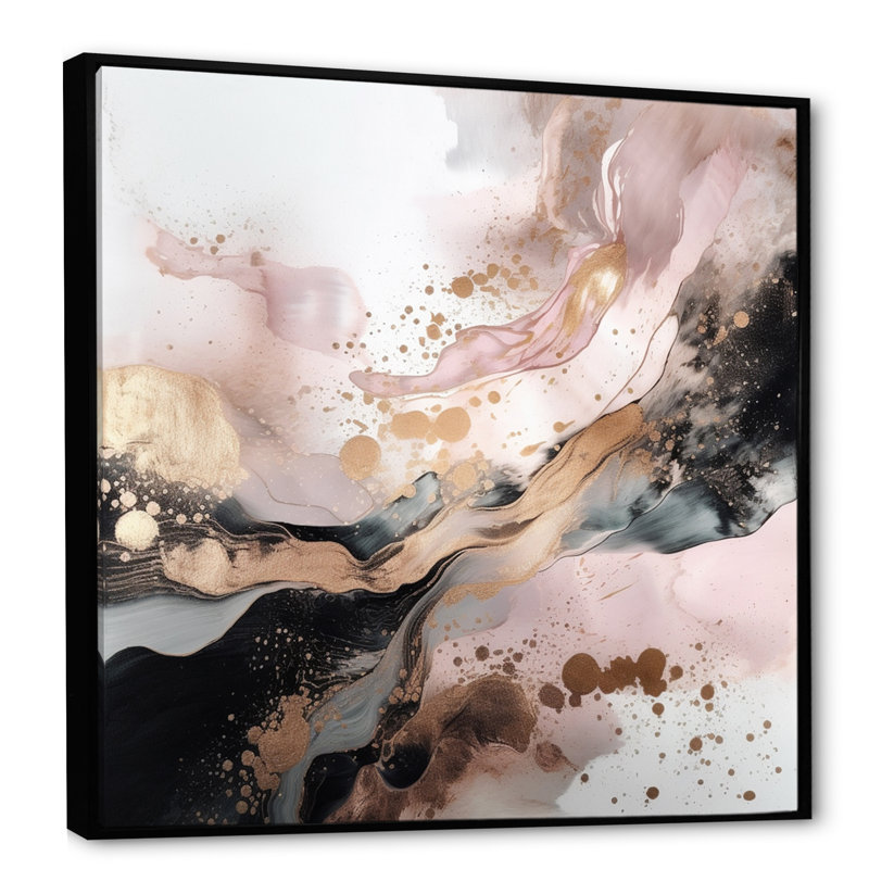Texture or rose Splash Marble IV - art mural abstrait en marbre, H 36 po x l 36 po x P 1,5 po, Cadre flottant noir