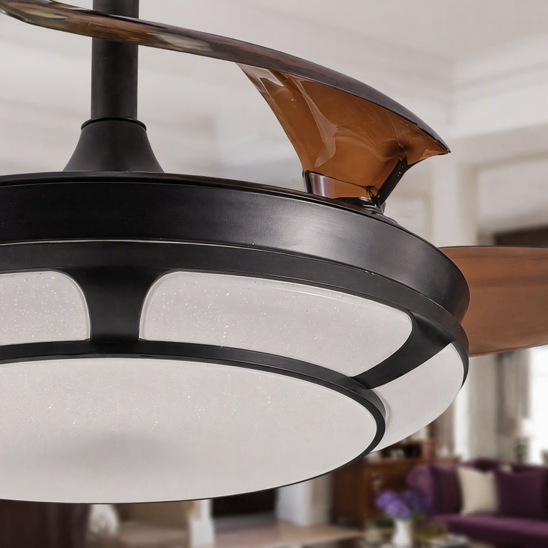 42" Black Modern Retractable Ceiling Fan with Light, Dimmable Remote Fandelier